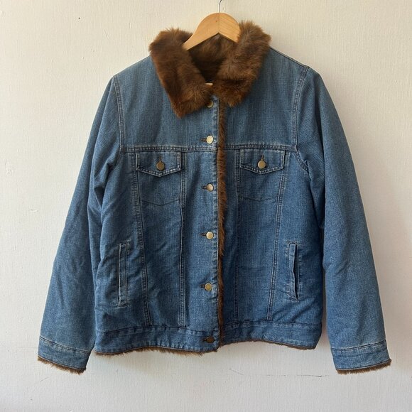 Denim & Co Faux Fur Lined Denim Jacket Womens Medim Pockets Buttons Medium Wash - Picture 1 of 5